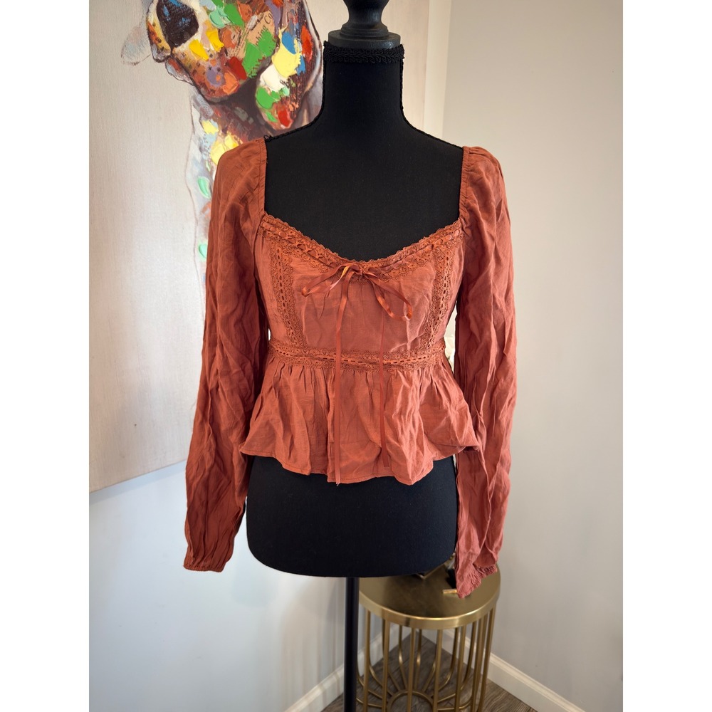 Altar'd State Rust Brown Lace Trim Peplum Top Long Sleeve Small NWT